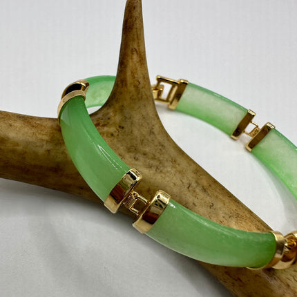 Vintage Gold Jade Bracelet | Green Aventurine Fun Jade Gemstone Lucky Bar Link | Golden Bronze Stackable Bracelet For Him or Her
