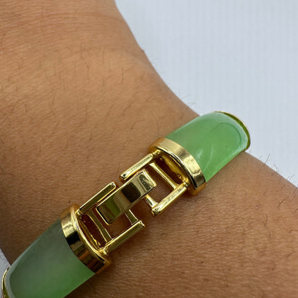 Vintage Gold Jade Bracelet | Green Aventurine Fun Jade Gemstone Lucky Bar Link | Golden Bronze Stackable Bracelet For Him or Her