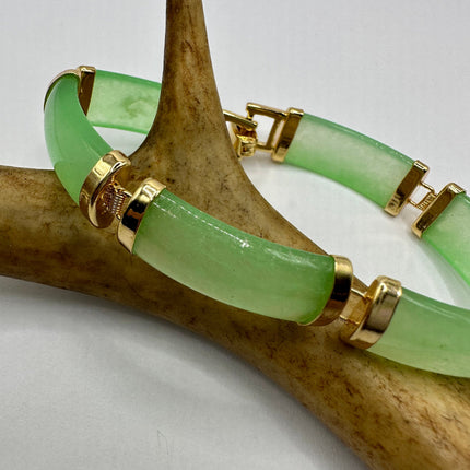 Vintage Gold Jade Bracelet | Green Aventurine Fun Jade Gemstone Lucky Bar Link | Golden Bronze Stackable Bracelet For Him or Her