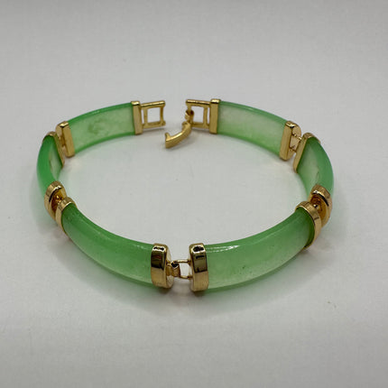 Vintage Gold Jade Bracelet | Green Aventurine Fun Jade Gemstone Lucky Bar Link | Golden Bronze Stackable Bracelet For Him or Her