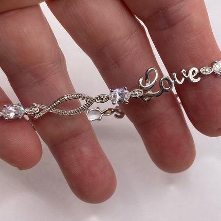 Vintage Love Diamond Look CZ Silver Charm Bracelet