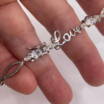 Vintage Love Diamond Look CZ Silver Charm Bracelet