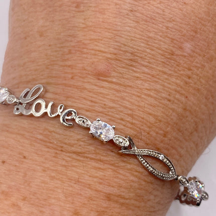 Vintage Love Diamond Look CZ Silver Charm Bracelet