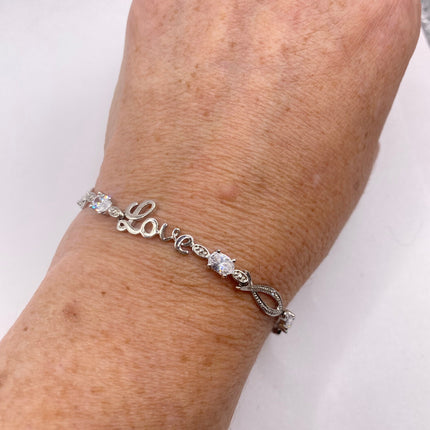 Vintage Love Diamond Look CZ Silver Charm Bracelet