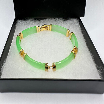 Vintage Gold Jade Bracelet | Green Aventurine Fun Jade Gemstone Lucky Bar Link | Golden Bronze Stackable Bracelet For Him or Her