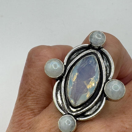 Vintage Rainbow Moonstone Ring Band - Antique Style Design