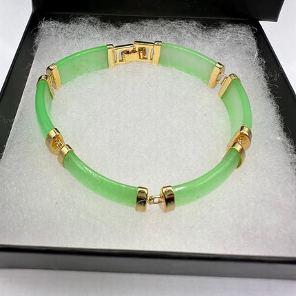 Vintage Gold Jade Bracelet | Green Aventurine Fun Jade Gemstone Lucky Bar Link | Golden Bronze Stackable Bracelet For Him or Her
