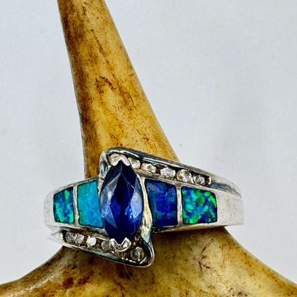 Vintage Iolite Blue Fire Opal Ring 925 Sterling Silver