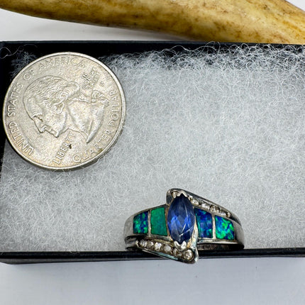 Vintage Iolite Blue Fire Opal Ring 925 Sterling Silver