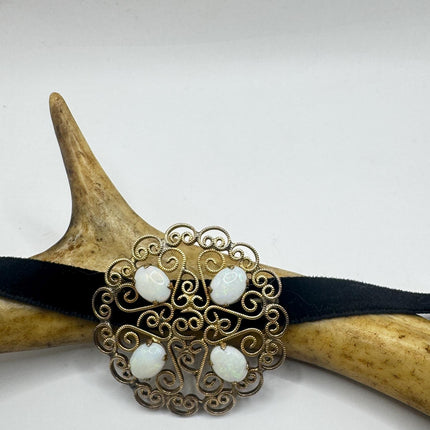 Vintage White Opal Brooch: Gold Filled Velvet Choker
