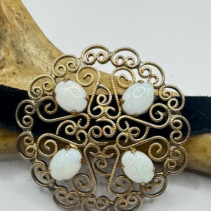 Vintage White Opal Brooch: Gold Filled Velvet Choker