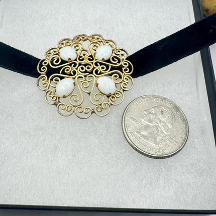 Vintage White Opal Brooch: Gold Filled Velvet Choker