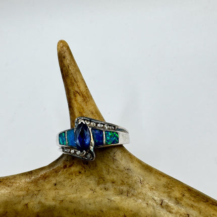 Vintage Iolite Blue Fire Opal Ring 925 Sterling Silver