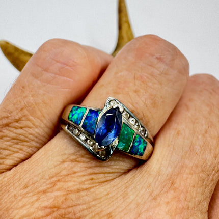 Vintage Iolite Blue Fire Opal Ring 925 Sterling Silver