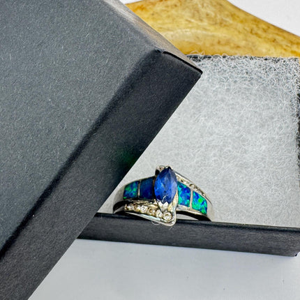 Vintage Iolite Blue Fire Opal Ring 925 Sterling Silver