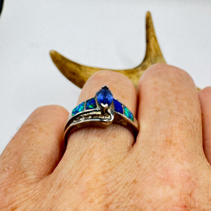 Vintage Iolite Blue Fire Opal Ring 925 Sterling Silver