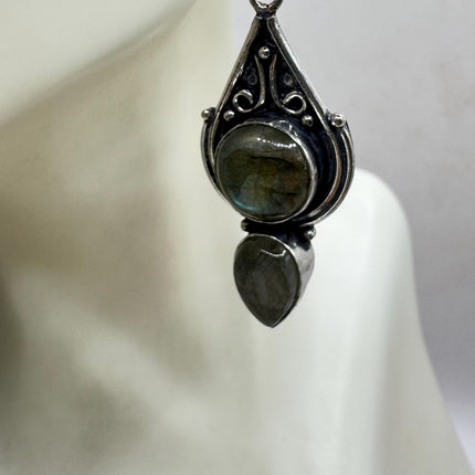Vintage Labradorite Dangle Earrings Sterling Silver Leverbacks