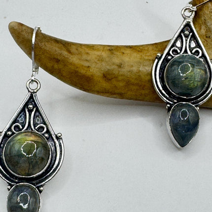 Vintage Labradorite Dangle Earrings Sterling Silver Leverbacks