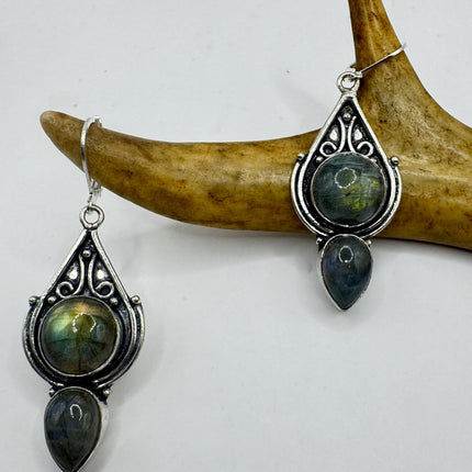 Vintage Labradorite Dangle Earrings Sterling Silver Leverbacks