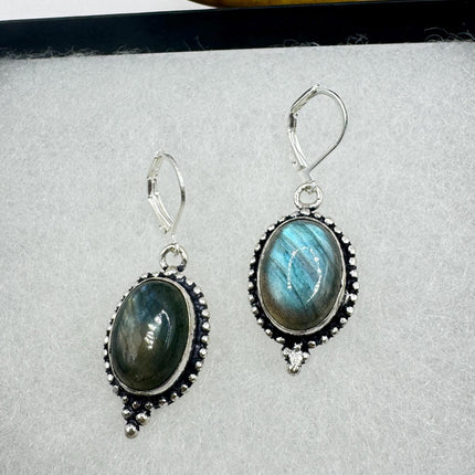 Vintage Labradorite Dangle Earrings Sterling Silver Leverbacks