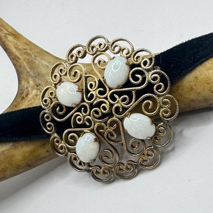 Vintage White Opal Brooch: Gold Filled Velvet Choker