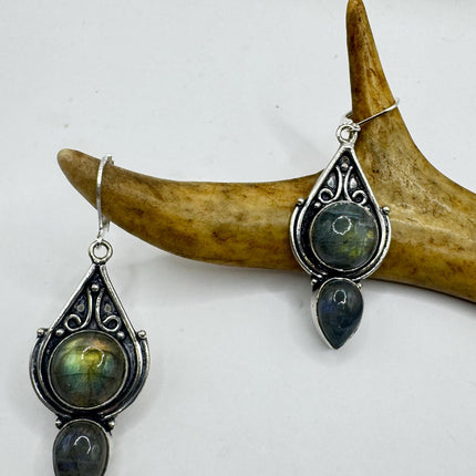 Vintage Labradorite Dangle Earrings Sterling Silver Leverbacks