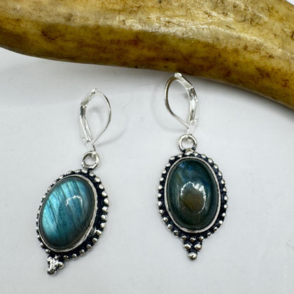 Vintage Labradorite Dangle Earrings Sterling Silver Leverbacks