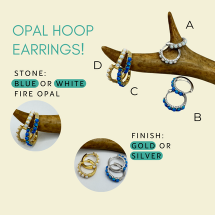 Vintage Opal Hoop Earrings | Tiny White or Blue Fire Opal and CZ Gemstone Dainty Huggie Earrings | 925 Sterling Silver Gold or Silver Finish-TomWayne Jewelers