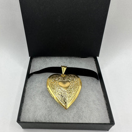 Vintage Gold Locket | Large Etched Heart Pendant Memory Charm | Golden Stainless Steel Velvet Choker Necklace Holds Small Photo Pet Memory