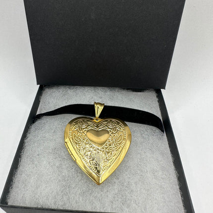 Vintage Gold Locket | Large Etched Heart Pendant Memory Charm | Golden Stainless Steel Velvet Choker Necklace Holds Small Photo Pet Memory