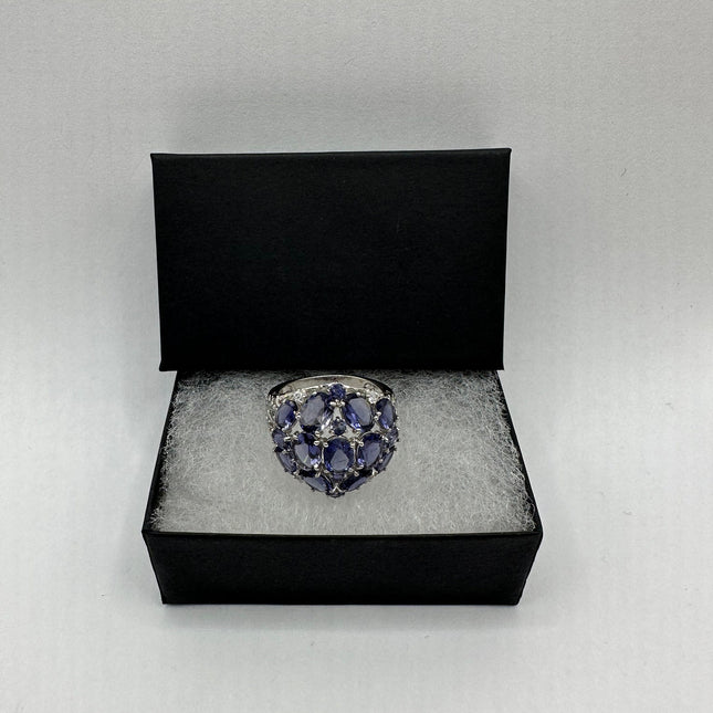 Vintage Silver Ring | Blue Tanzanite White Sapphire Gemstone Floral Cocktail Engagement Statement Wedding Ring | 925 Sterling Silver Band