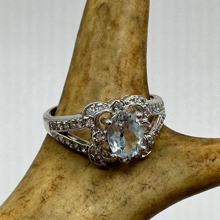 Vintage Silver Ring | Blue Aquamarine White Sapphire Gemstone Statement Ring | 925 Sterling Silver Band
