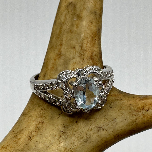 Vintage Silver Ring | Blue Aquamarine White Sapphire Gemstone Statement Ring | 925 Sterling Silver Band