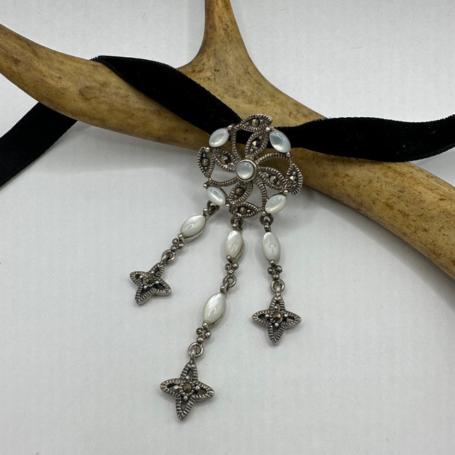 Vintage Silver Choker Necklace | Mother of Pearl Gemstone Marcasite Crystal Set in 925 Sterling Silver | Velvet Ribbon Choker Necklace