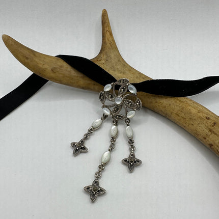 Vintage Silver Choker Necklace | Mother of Pearl Gemstone Marcasite Crystal Set in 925 Sterling Silver | Velvet Ribbon Choker Necklace