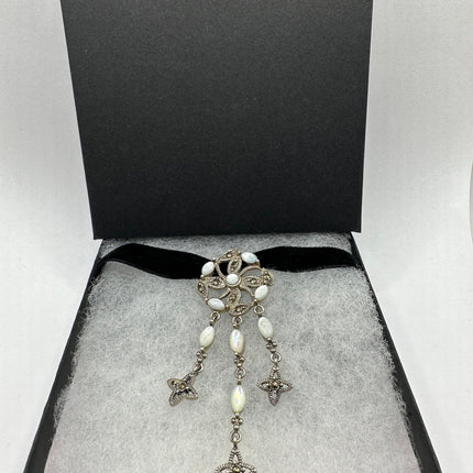 Vintage Silver Choker Necklace | Mother of Pearl Gemstone Marcasite Crystal Set in 925 Sterling Silver | Velvet Ribbon Choker Necklace