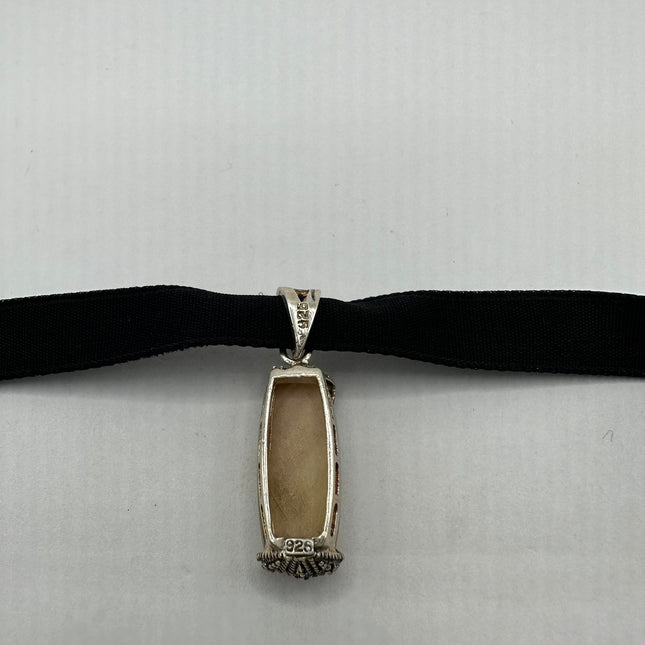 Vintage Gemstone Pendant Choker Necklace | Mother of Pearl Marcasite Crystal 925 Sterling Silver Pendant Ribbon Choker Necklace