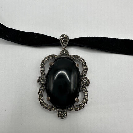 Vintage Gemstone Pendant Ribbon Choker Necklace | 925 Sterling Silver Black Onyx Marcasite Crystal Birthstone Necklace