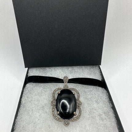Vintage Gemstone Pendant Ribbon Choker Necklace | 925 Sterling Silver Black Onyx Marcasite Crystal Birthstone Necklace