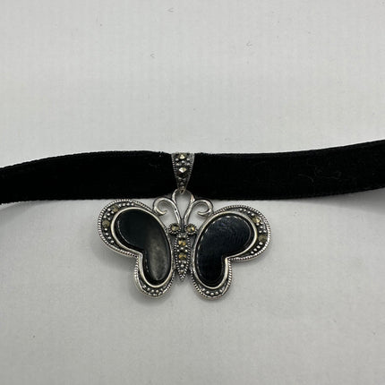 Vintage Silver Pendant Necklace | Black Onyx Gemstone Marcasite Crystal Butterfly | 925 Sterling Silver Pendant Ribbon Choker Necklace