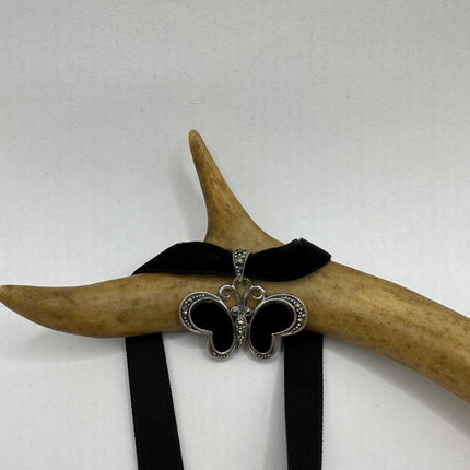 Vintage Silver Pendant Necklace | Black Onyx Gemstone Marcasite Crystal Butterfly | 925 Sterling Silver Pendant Ribbon Choker Necklace