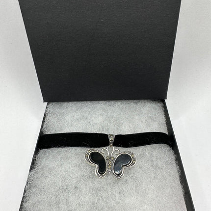 Vintage Silver Pendant Necklace | Black Onyx Gemstone Marcasite Crystal Butterfly | 925 Sterling Silver Pendant Ribbon Choker Necklace