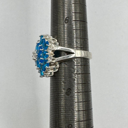 Vintage Gemstone Ring | Blue Fluorite Crystal Birthstone Statement Ring | 925 Sterling Silver Band - Size 7 Deco Flower Statement Ring