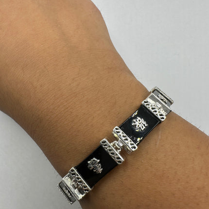 Vintage Silver Bracelet | Black Onyx Gemstone Lucky Calligraphy Link Bracelet | 925 Sterling Silver