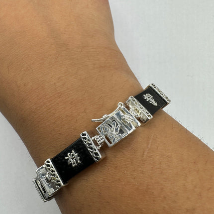 Vintage Silver Bracelet | Black Onyx Gemstone Lucky Calligraphy Link Bracelet | 925 Sterling Silver