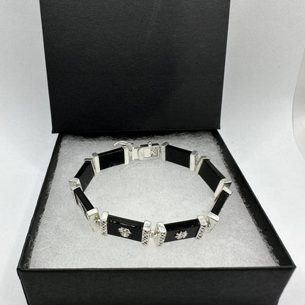 Vintage Silver Bracelet | Black Onyx Gemstone Lucky Calligraphy Link Bracelet | 925 Sterling Silver
