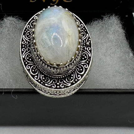 White blue rainbow moonstone in a silver setting gothic