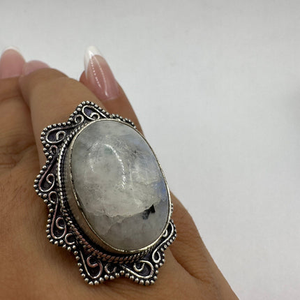 Vintage Rainbow Moonstone Ring Band - Antique Style Design