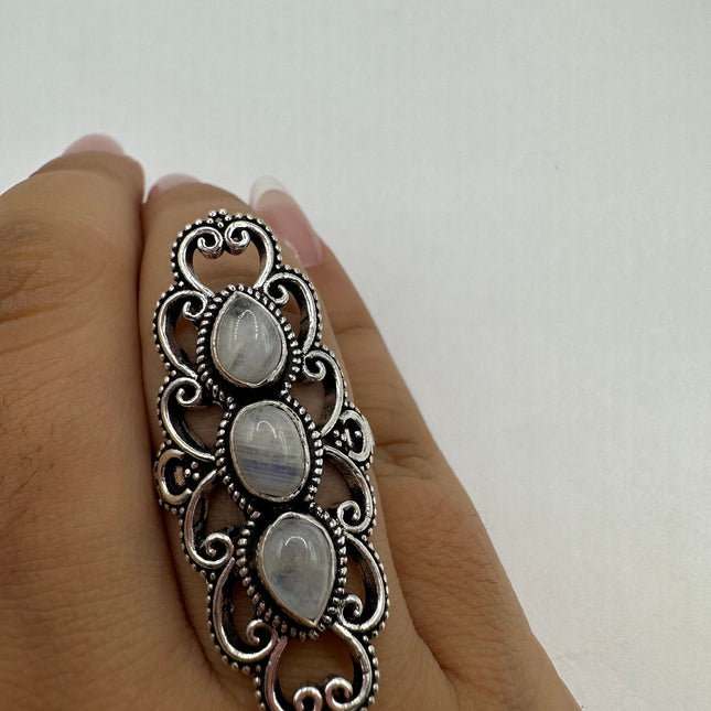 Vintage Rainbow Moonstone Ring Band - Antique Style Design