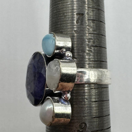 Vintage Raw Blue Sapphire Rainbow Moonstone Ring Band